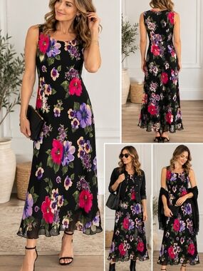 David Warren New York 100% Silk Floral Maxi Dress Size 6 Black Multicolor